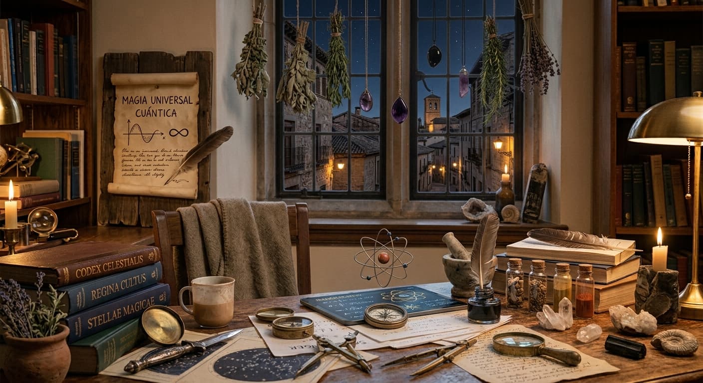 Escritorio de estudio con libros antiguos, pergamino de Magia Universal Cuántica, cristales y símbolos alquímicos