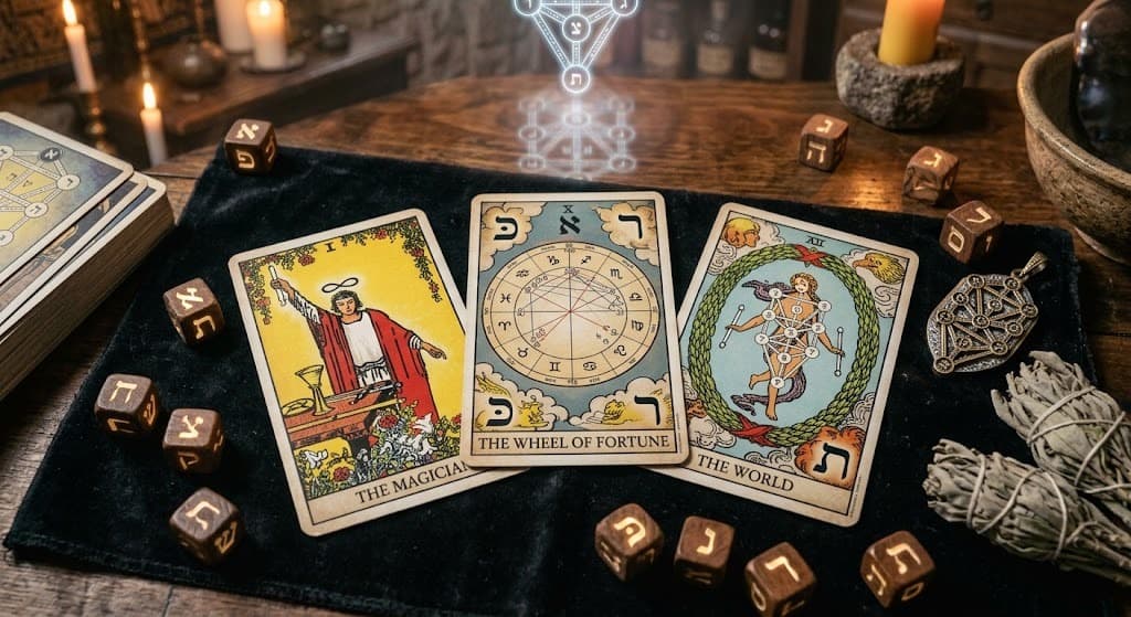 Cartas de tarot, dados hebreos y símbolos cabalísticos sobre un paño oscuro